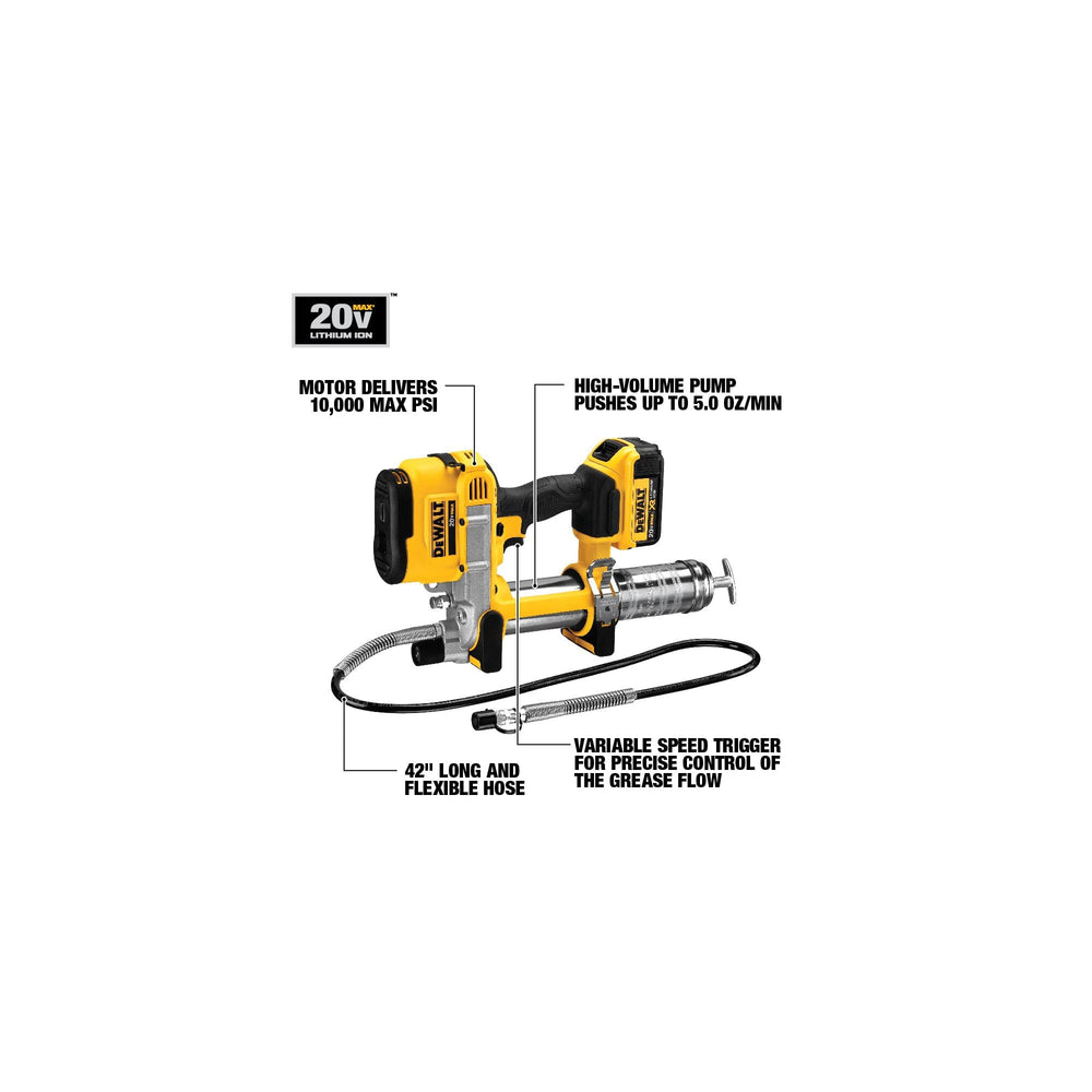 DEWALT grease gun 42-inch hose enables reaching hard-to-access fittings with ease.