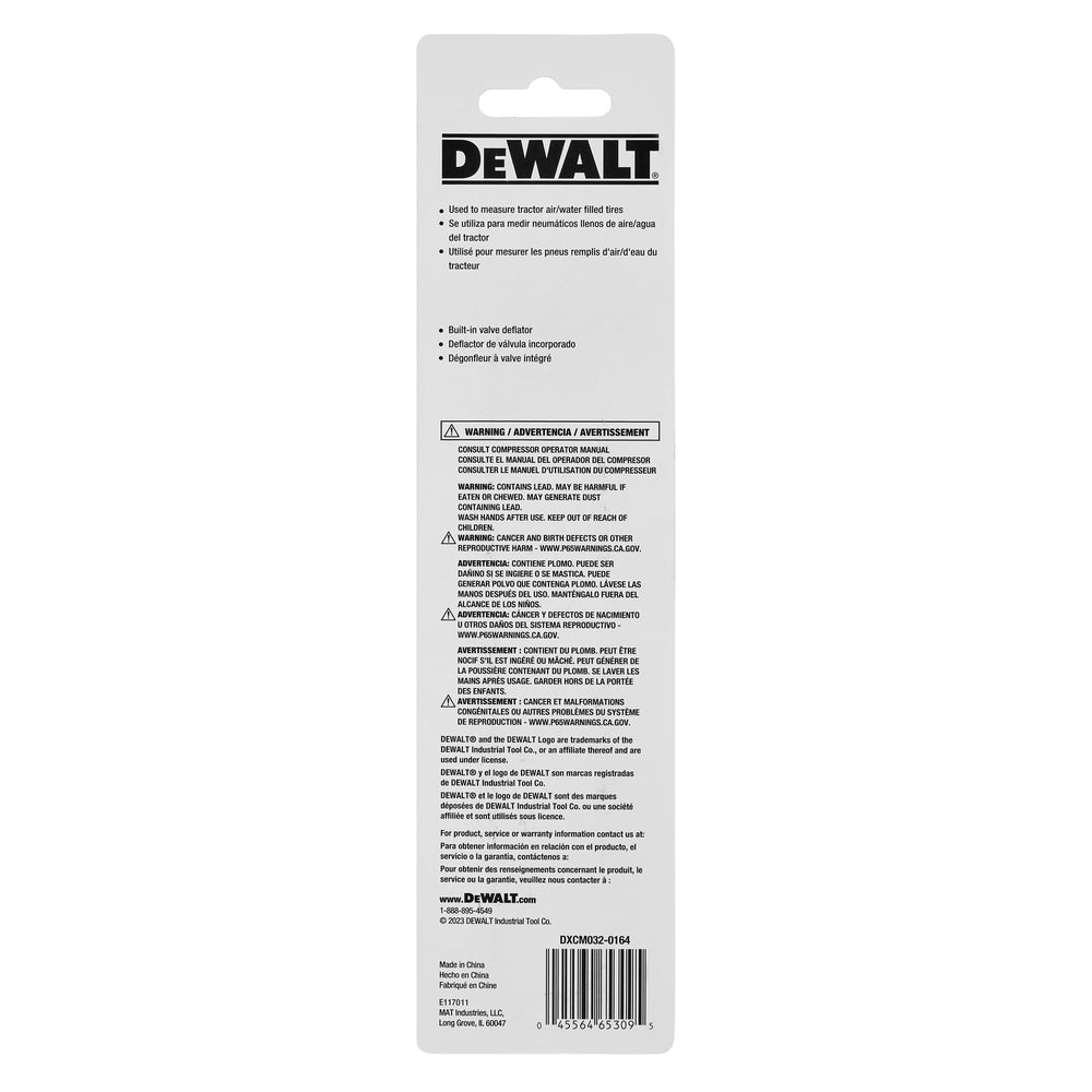 DEWALT tractor tire pressure gauge 50 psi max supports diverse tractor tires.