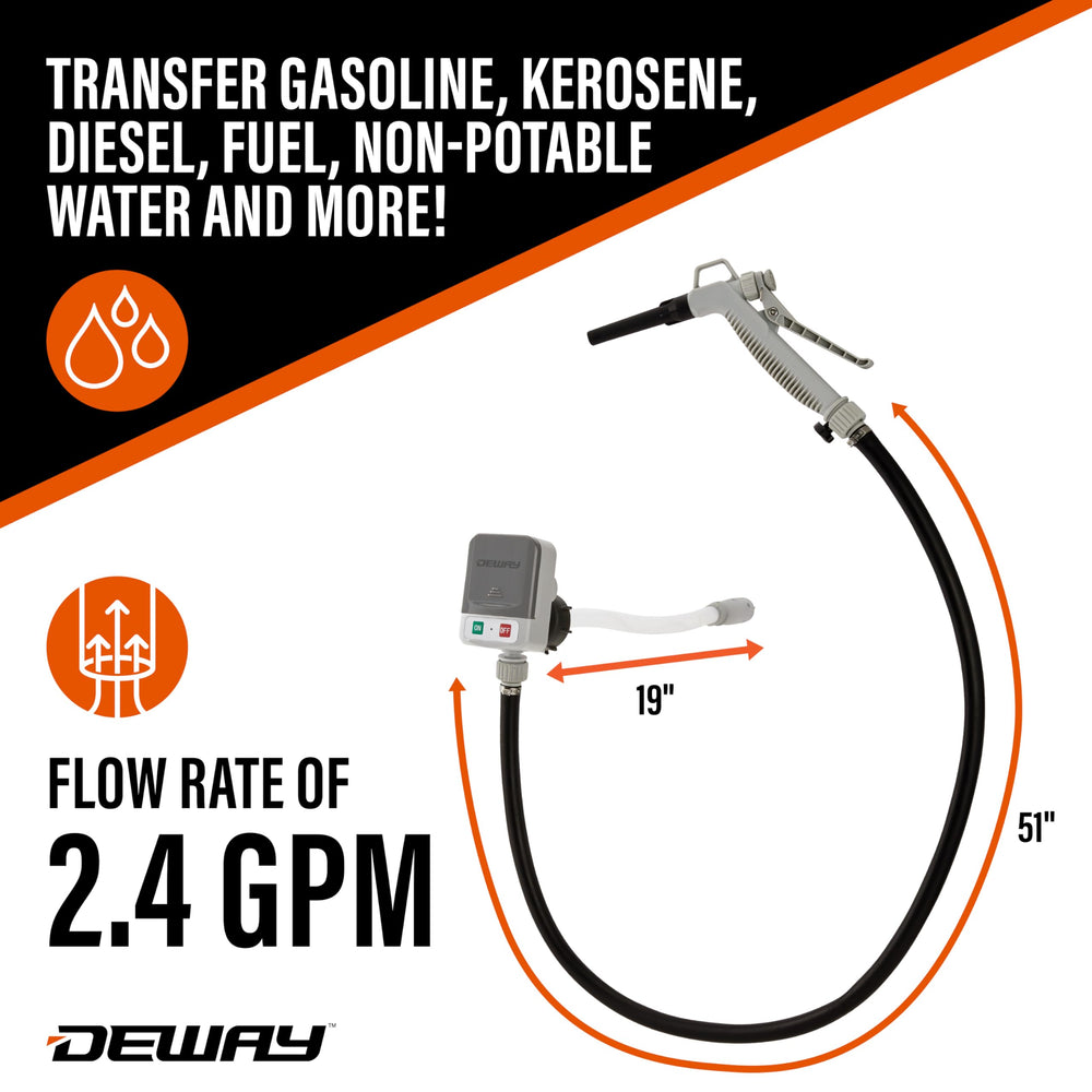 Deway fuel transfer pump 51-inch rubber hose provides reach for deep containers