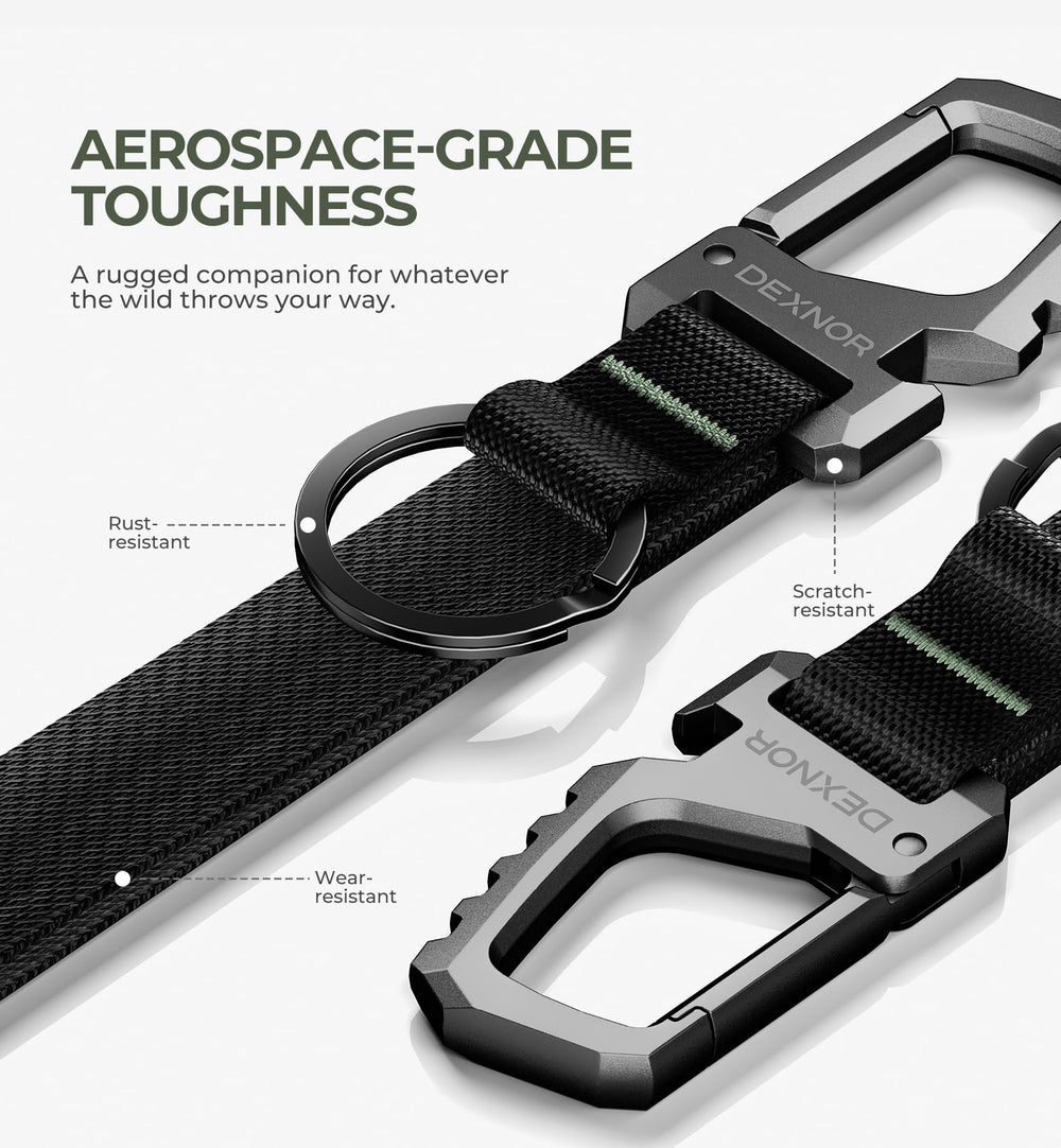 Dexnor carabiner clip attachment on backpack illustrating quick-access keys.