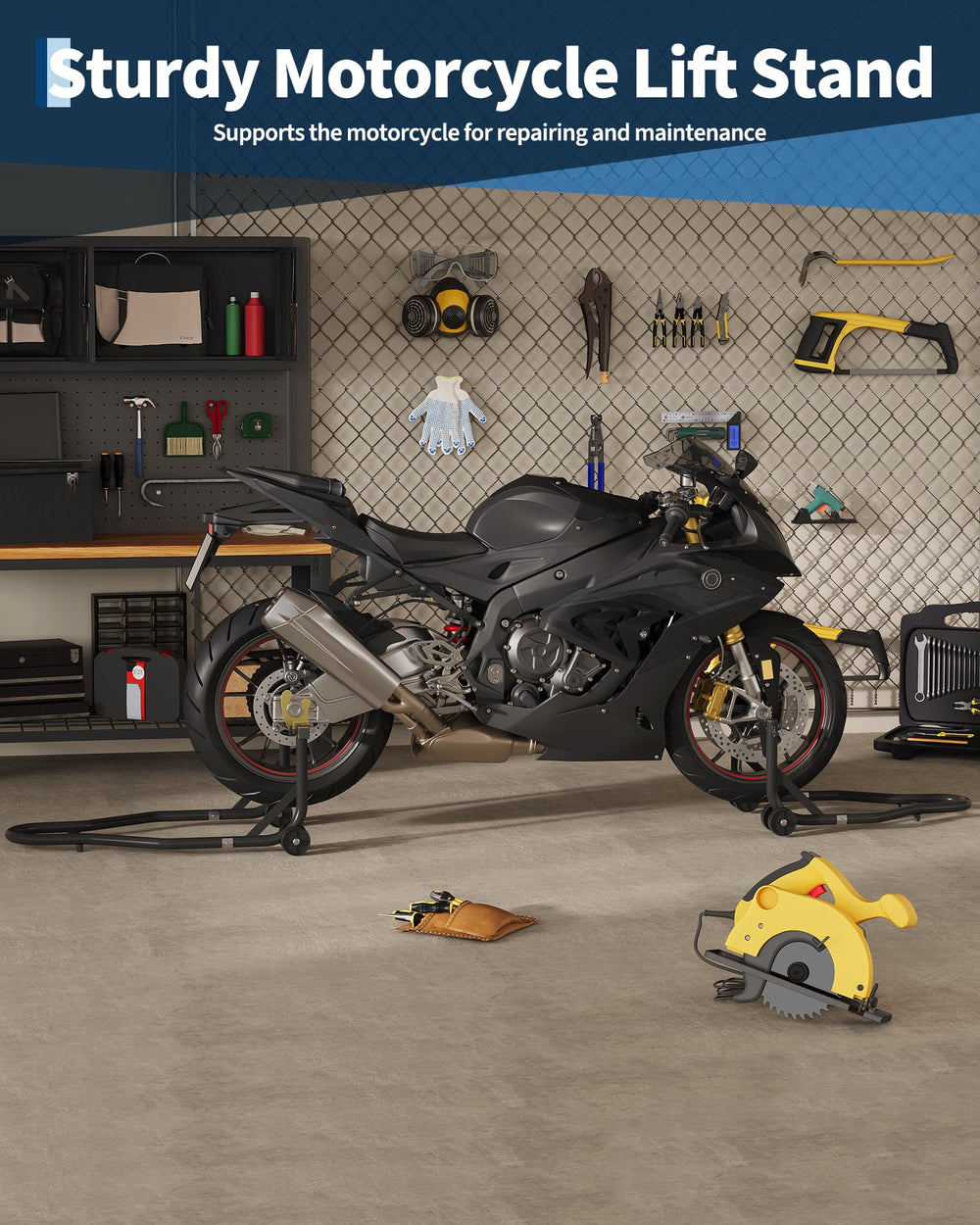 DEXSO motorcycle stand rear view enabling secure rear-wheel access for tire work.