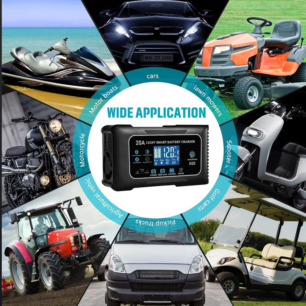 Dght Battery Charger in use across car, boat, and motorcycle applications.