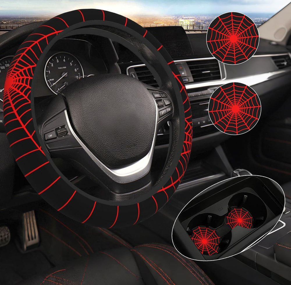 DHUENIOPE black spider web steering wheel cover adds grip and bold style.