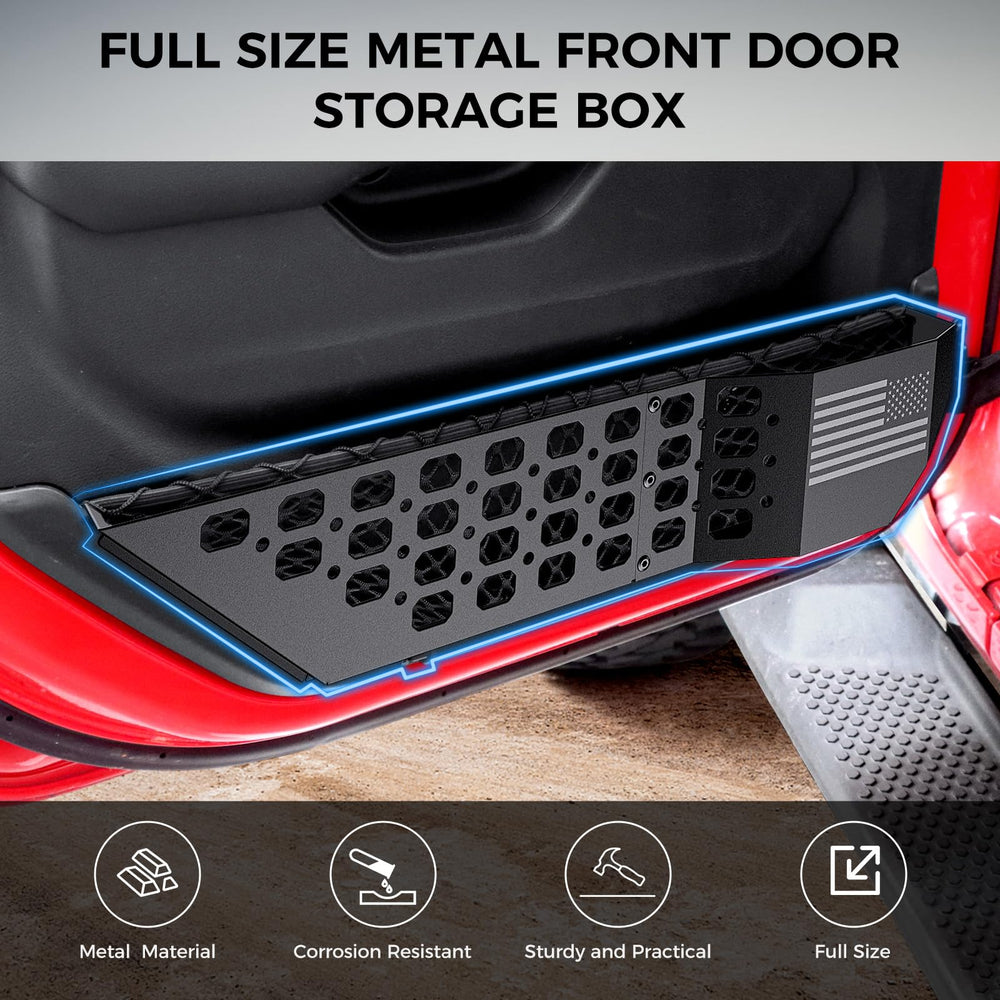 DIAMOOKY metal front door pocket panel close-up highlights durable stainless finish.