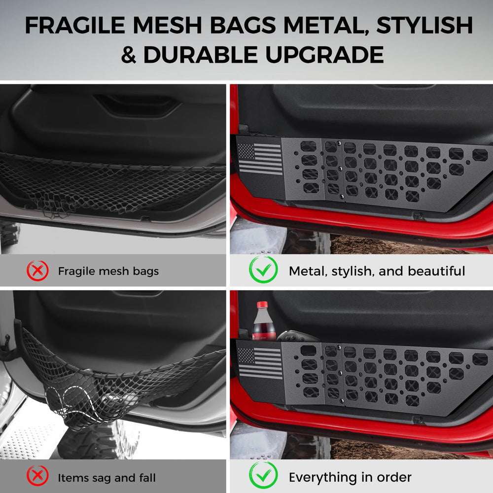 DIAMOOKY metal front door pocket panel stores water bottle and phone for easy reach.
