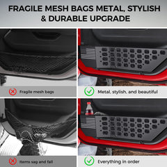DIAMOOKY metal front door pocket panel stores water bottle and phone for easy reach.
