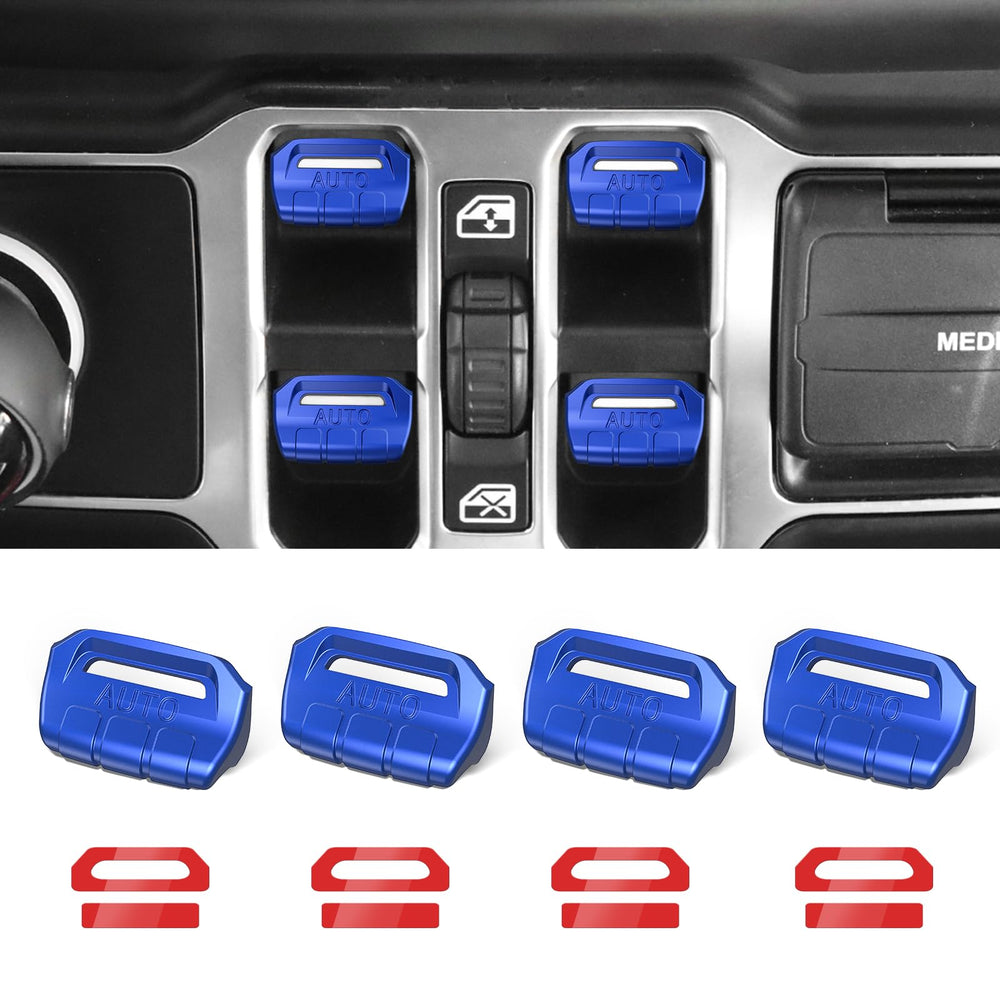 DIAMOOKY window switch cover for Wrangler JL blue close-up shows precise fit and protection.