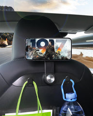 DICMKY Tesla seat hooks side view demonstrates 360° swivel for flexible phone viewing.
