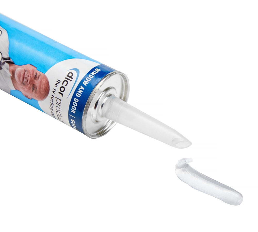 Dicor cap sealant clear applied to RV doors for tight, quick-drying seals.
