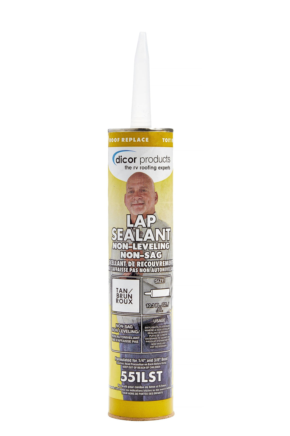Dicor 551LST-1 lap sealant bottle for RV roof in tan, ideal for sealing joints.