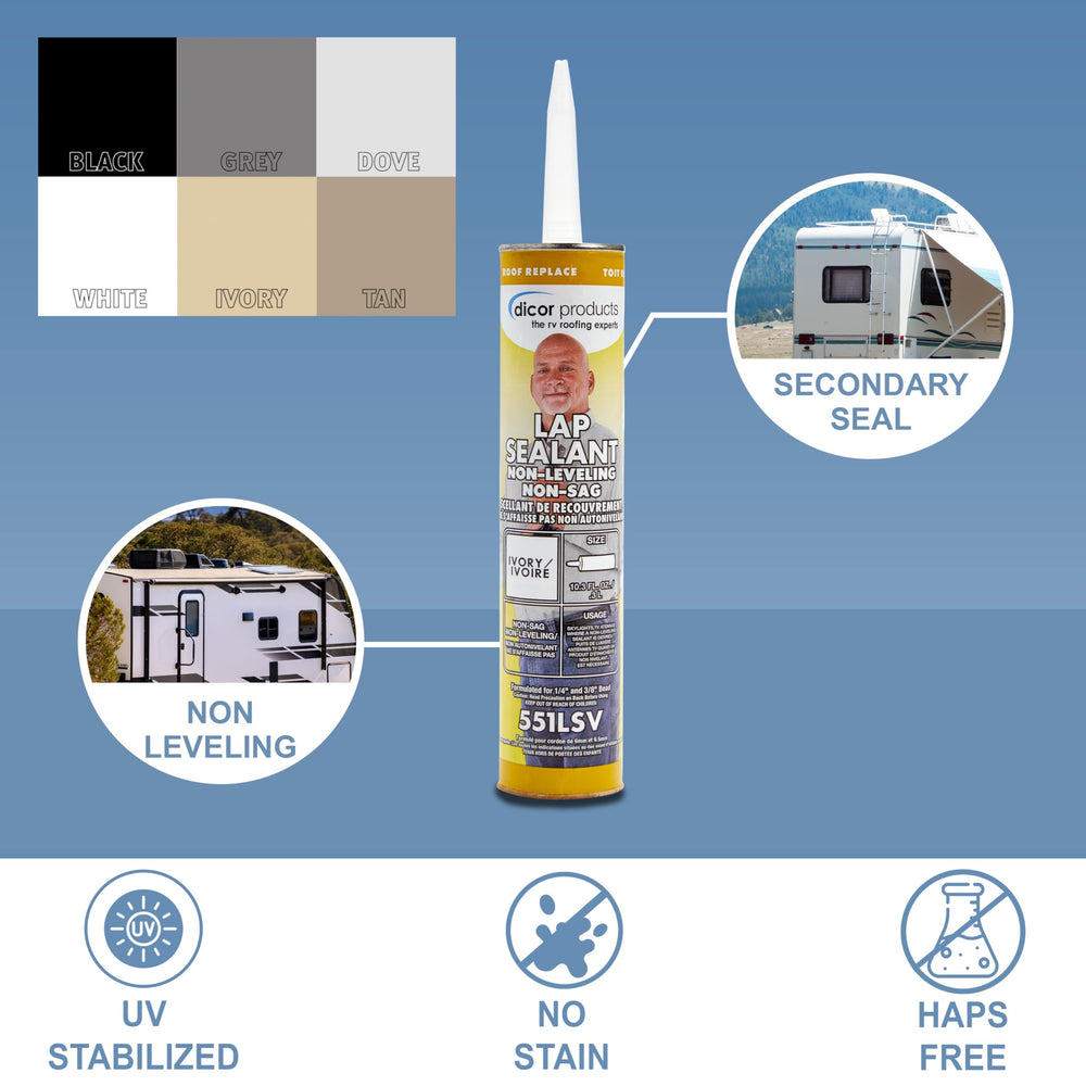 Dicor lap sealant adheres to EPDM and metal surfaces for strong bonds.