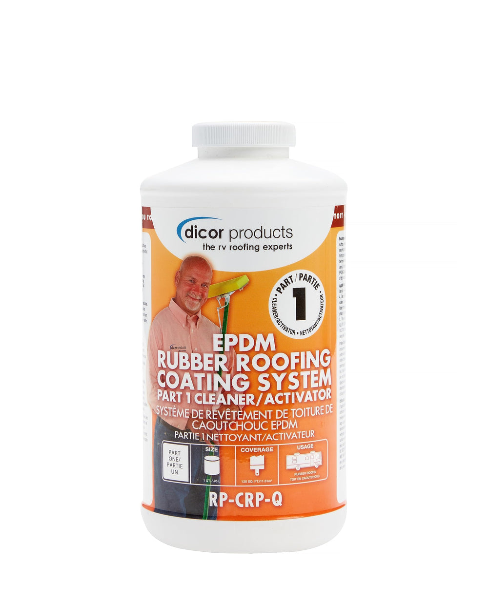 Dicor RP-CRP-Q EPDM roof cleaner-activator preps surface for coating adhesion.