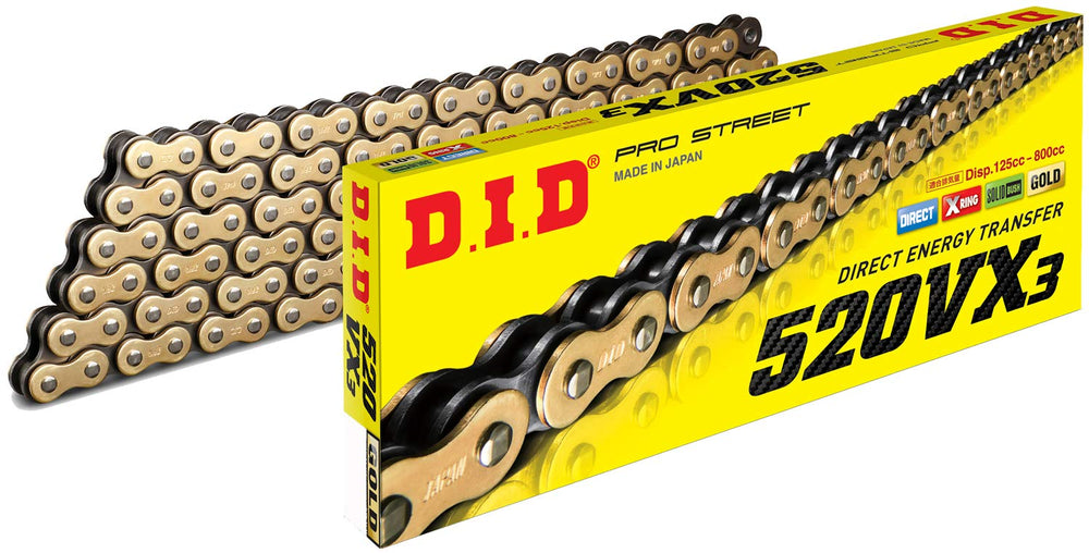 DID 520VX3GB-150 gold X-Ring chain with 150 links, high strength for street and off-road riding
