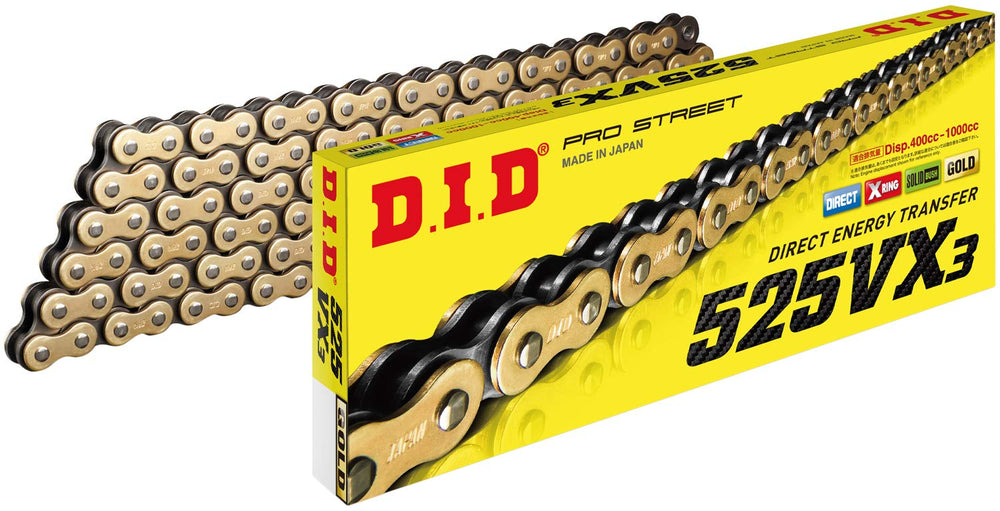 DID 525VX3G114ZB gold 114-link X-ring chain for high-performance street and off-road riding.
