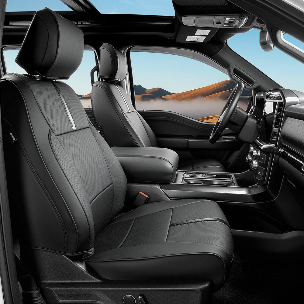 DiffCar F-150 front seat cover shows edge-to-edge protection for SuperCrew interiors.