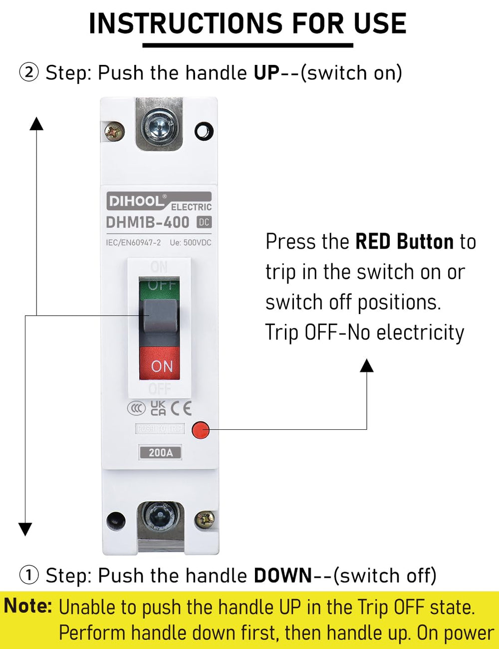 DIHOOL DC breaker dimensions image notes size 43mm x 165mm x 86mm