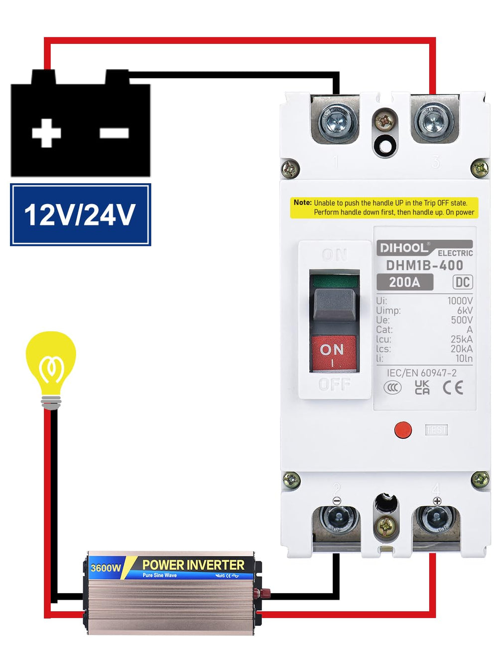 DIHOOL 200 Amp DC Breaker side profile for compact panel fit
