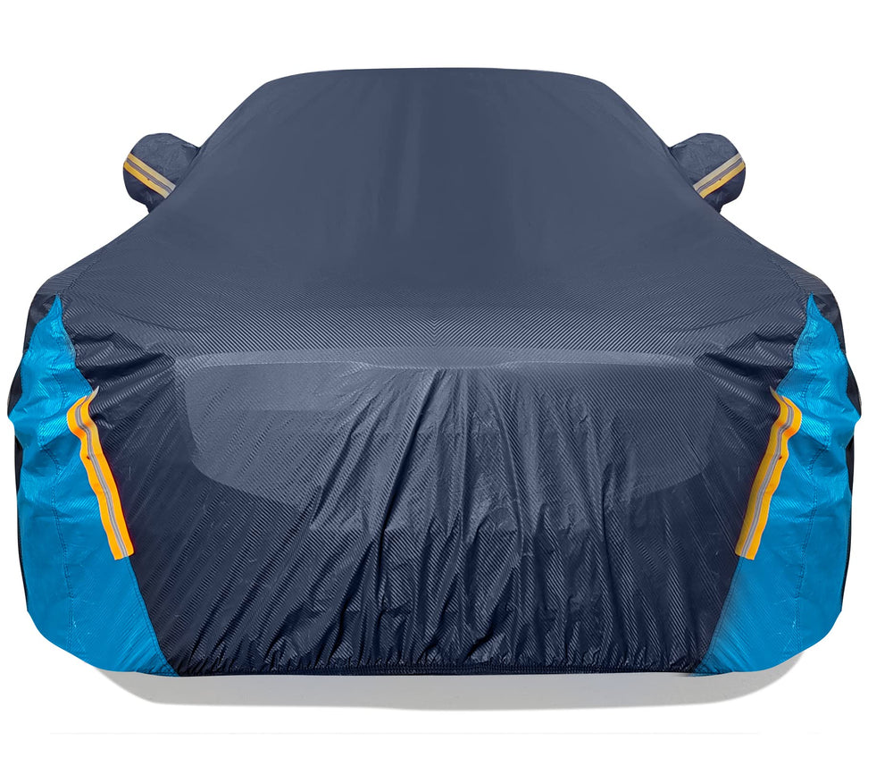 DINGHAO all-weather car cover with 6 layers protects sedan from rain and UV exposure.
