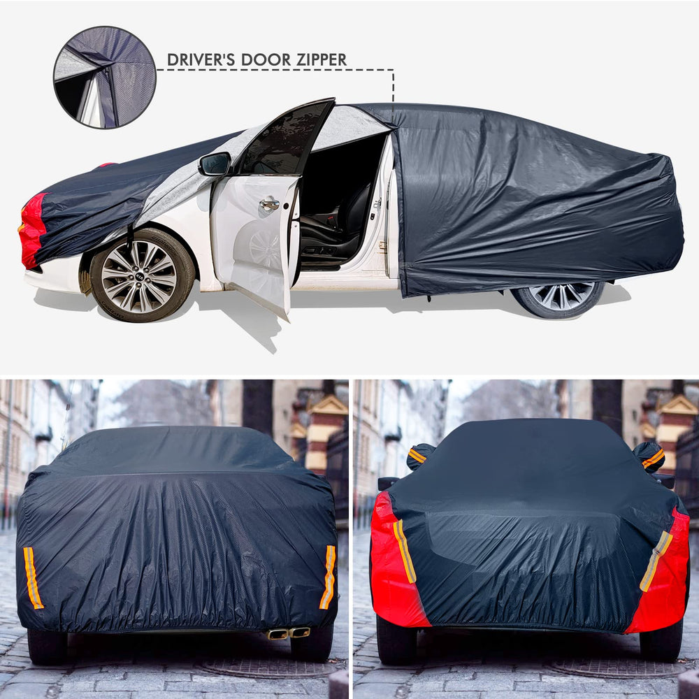 DINGHAO car cover with mirror pocket and zipper access.