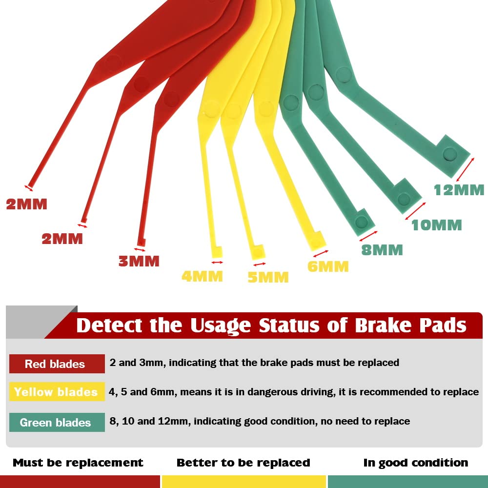 DITKOK fold-out brake pad gauge in use between rotor and pad.