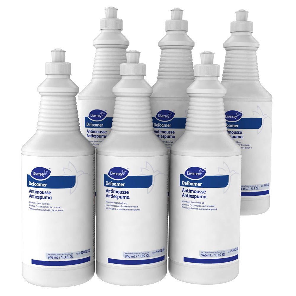 Diversey Defoamer liquid for foam control in carpet extractor setup and overflow prevention.