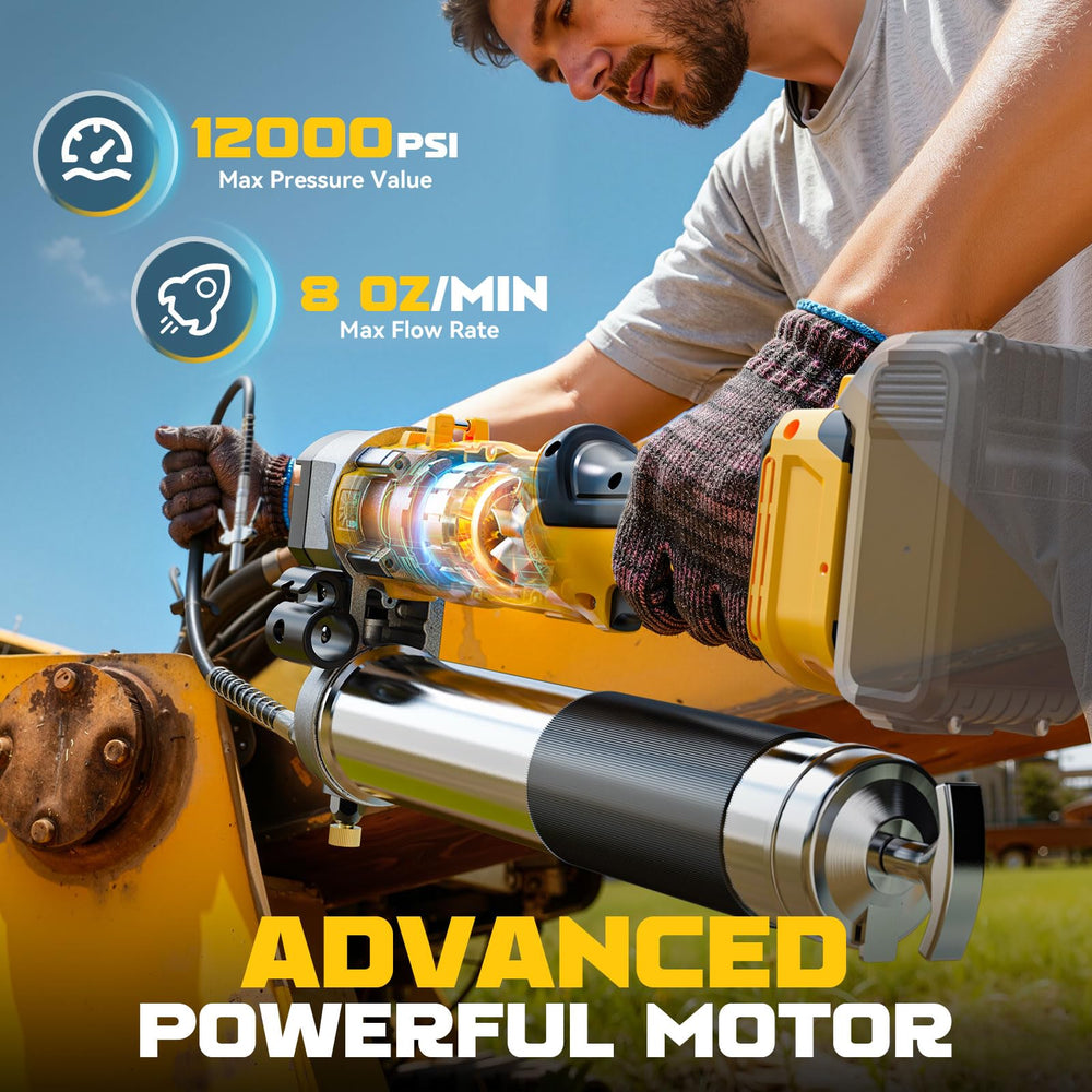 DIYtoolifz 12,000 psi grease gun high-pressure motor powering heavy equipment tasks.