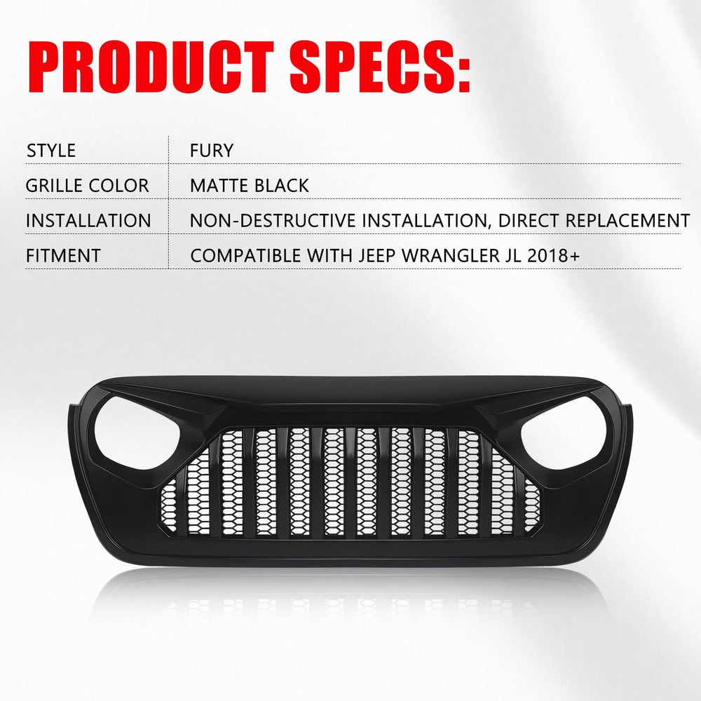 DKMGHT easy-install front grill for Jeep Wrangler JL aligns with factory holes.