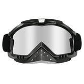Dmeixs motorcycle goggles with silver lens close-up showing anti-fog design and durability