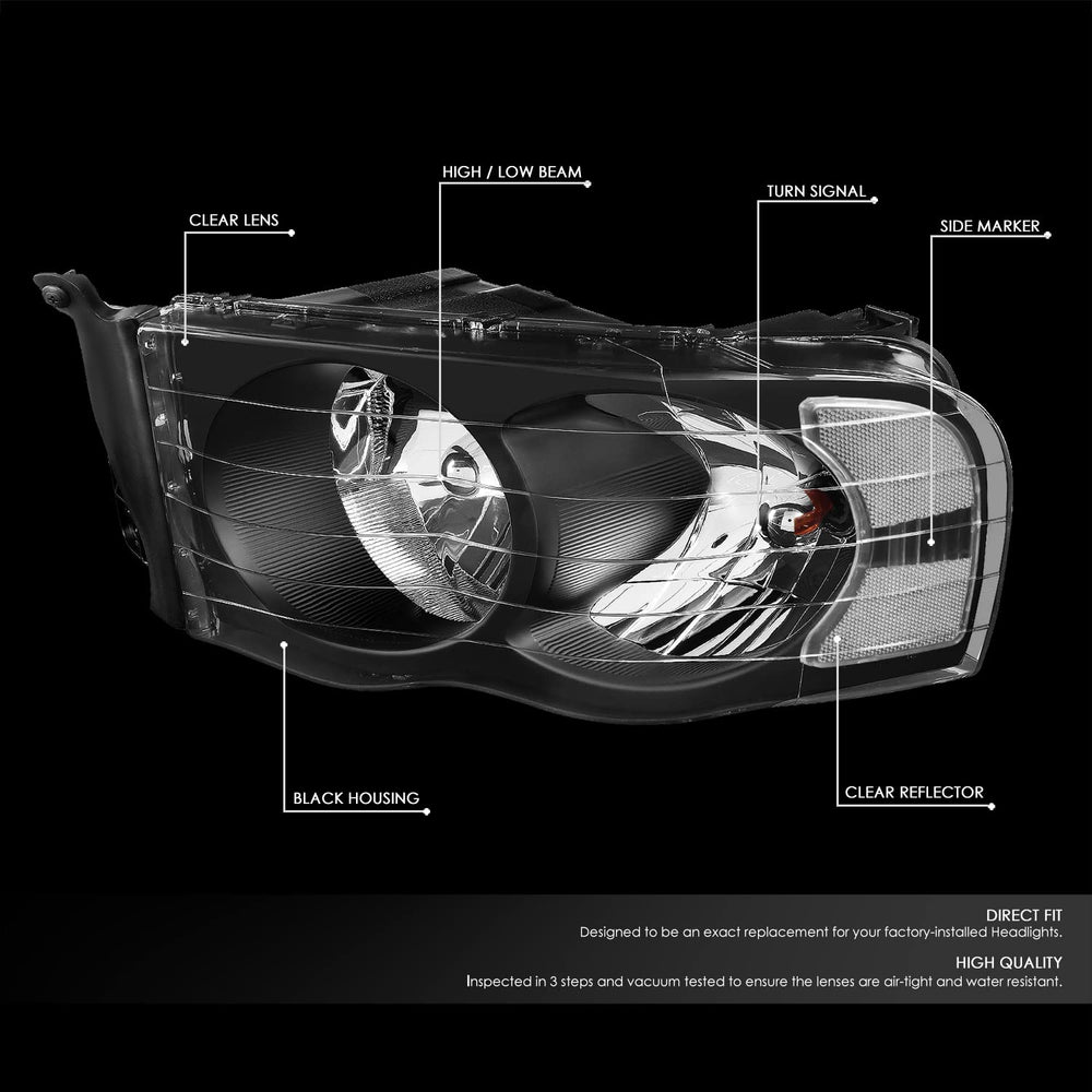 DNA MOTORING left headlight installed close-up reveals black housing and clear lens