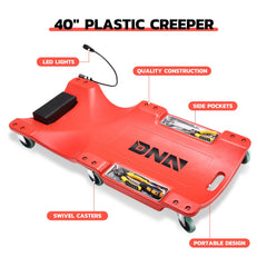 DNA Motoring low-profile plastic deck supports comfortable work in tight spaces.