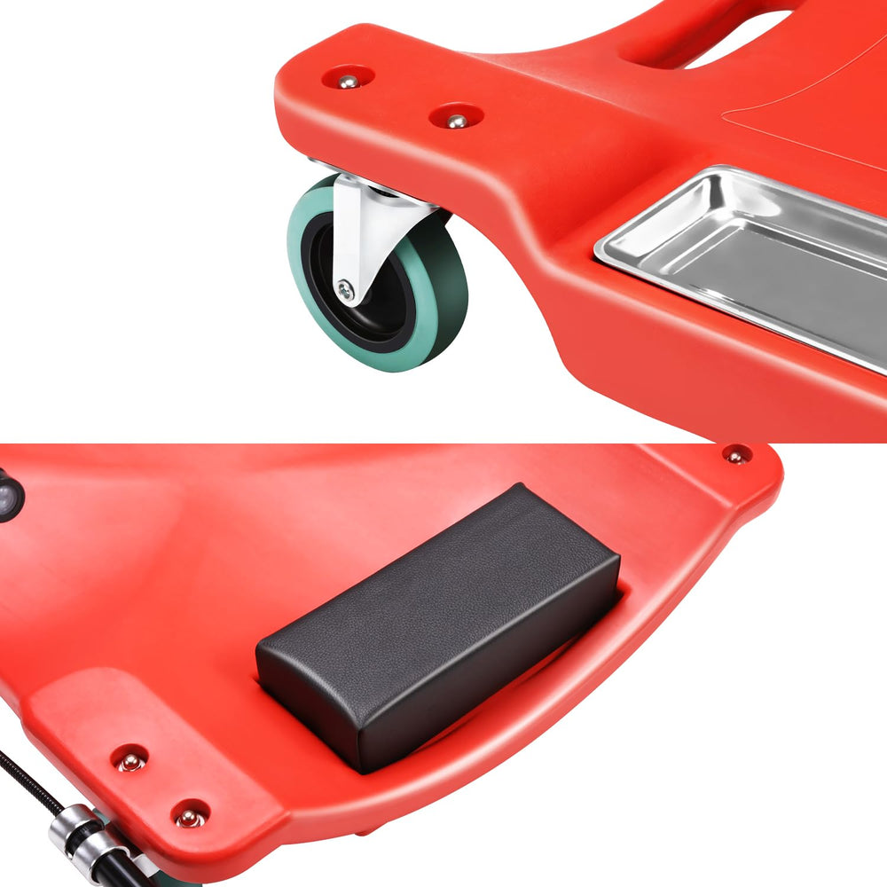 DNA Motoring rolling creeper with dual trays for quick tool access.