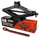 DNA Motoring scissor jack with 1.5 ton capacity and broad lift range for cars.