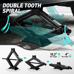 DNA Motoring scissor jack with labor-saving ratchet wrench for faster height adjustments.