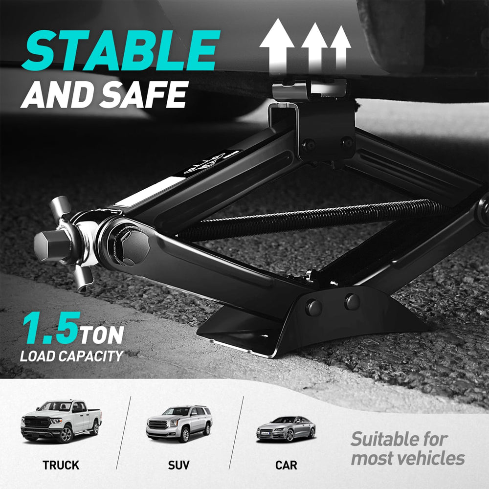 DNA Motoring scissor jack shows steel base and solid shaft for stability.
