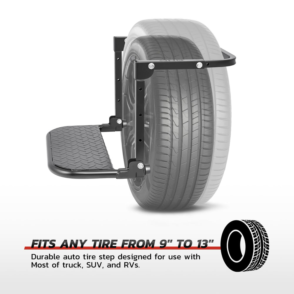 DNA Motoring adjustable-height folding tire step with four height options for versatile mounting.