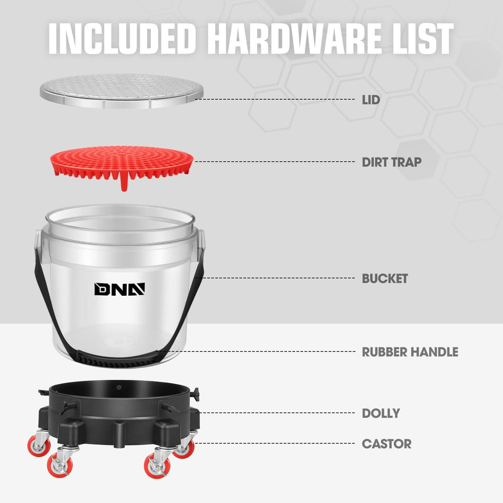 DNA Motoring transparent bucket shows water clarity during washing.