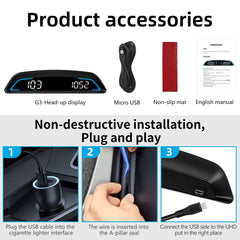 Docbraces GPS HUD USB plug-and-play setup for quick vehicle integration.