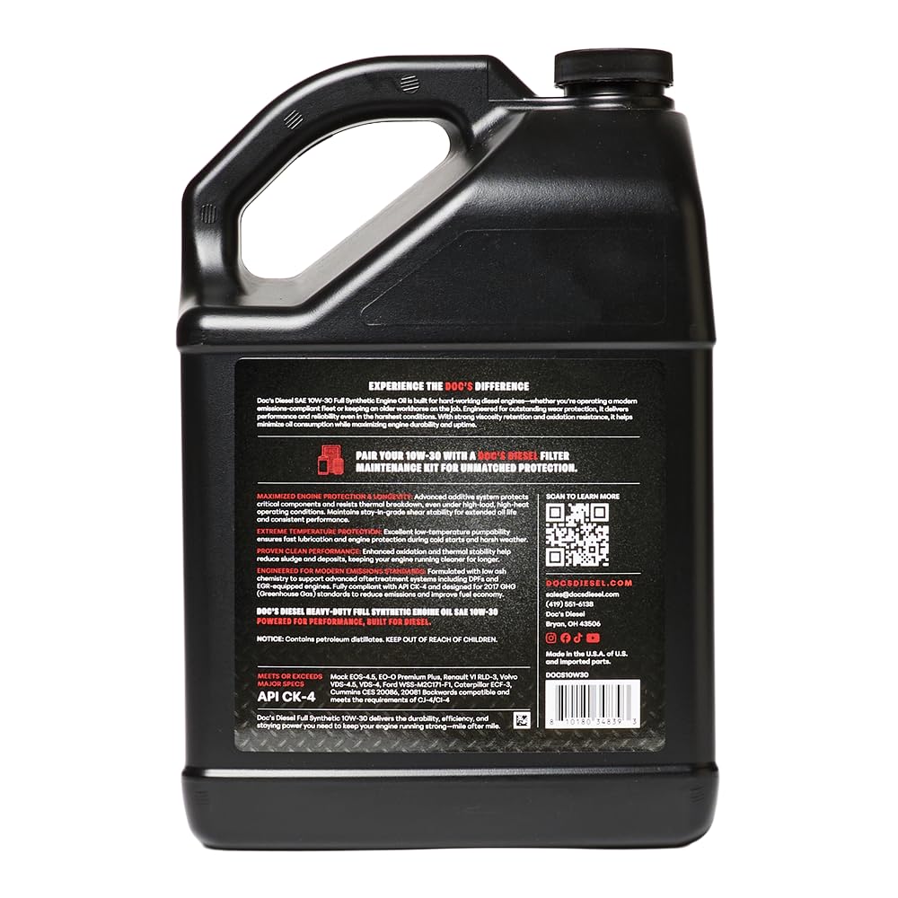 Doc's Diesel 10W-30 bottle pouring for cold-start lubrication