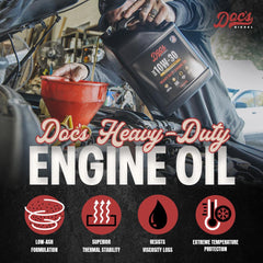 Doc's Diesel 10W-30 packaging box emphasizing durability
