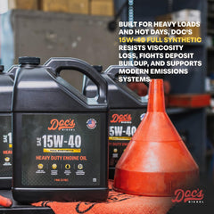 Doc's Diesel 15W-40 viscosity indicator closeup suggests reliable cold-start protection