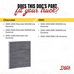 Doc's Diesel cabin air filter packaging illustrates easy replacement and upgrade options.
