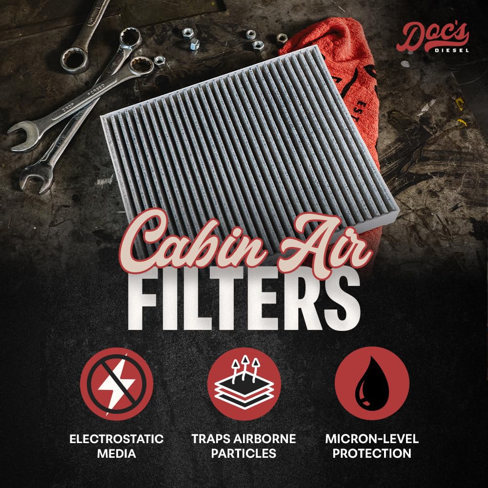 Doc's Diesel cabin air filter side profile highlights compact behind-glove-box installation for easy changes.