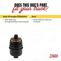 Doc's Diesel Oil Filter D11880 Ram 1500 EcoDiesel image highlights compatibility with 2020+ models.