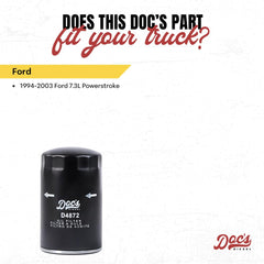 Doc's Diesel Oil Filter D4872 packaging showcases compatibility with Ford 7.3L Powerstroke.