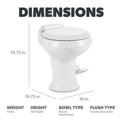 Dometic 300-series toilet front view with full-size residential seat for comfort.