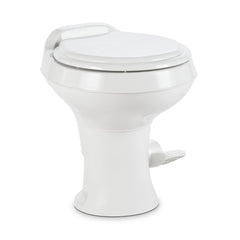 Dometic 300-series toilet side view showing space-saving design for RV interiors.