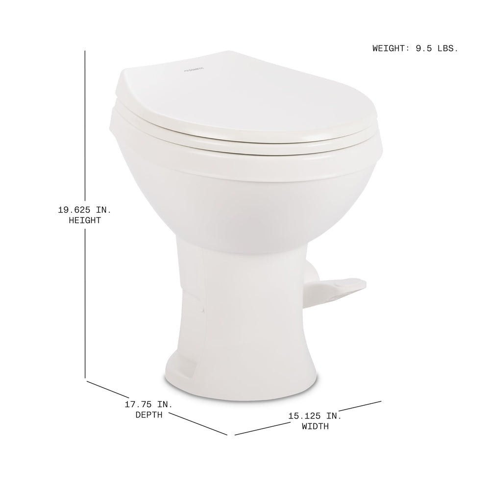 Dometic 400 Essential toilet seat close-up features soft-close and easy-clean hinge.