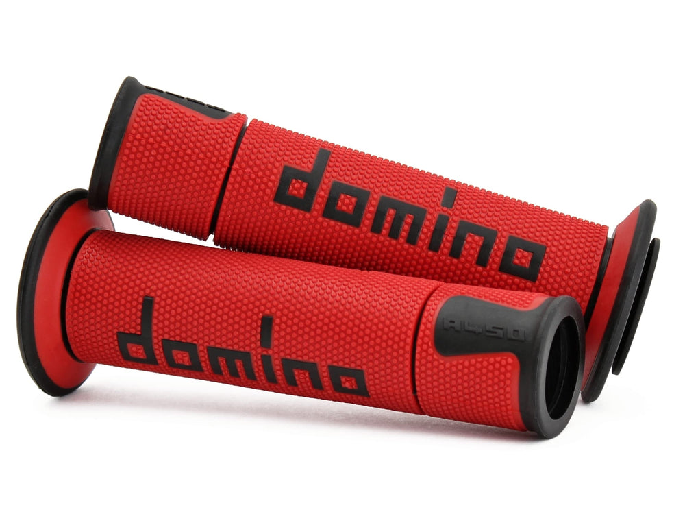 Domino A450 road race grips in red and black, front view, offering soft feel for precise control.