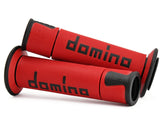 Domino A450 road race grips in red and black, front view, offering soft feel for precise control.