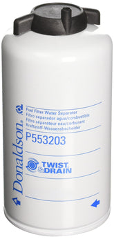 Donaldson P553203 fuel filter water separator in spin-on design for clean fuel delivery.